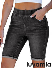 luvamia FleXclusive Bermuda Shorts for Women Jean Pull On Elastic Waist High Waisted Knee Length Fold Hem Stretchy Denim Long Shorts
