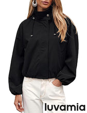 luvamia Women's Funnel Neck Jacket Casual Crop Zip Up Hooded Bomber Jackets Trendy, Oversized, Long Sleeve, Stand Collar, Elastic Cuff and Hem, Cropped, Funnel Neck Jacket Coats for Women, Fall Outfits