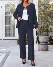 luvamia Pants Suits for Women Dressy 2 Piece Sets Business Casual Outfits Long Sleeve Collarless Blazers, Elastic Waist Wide Leg Pants, Adjustable Back Buckle‌, Professional Work Office Pantsuits
