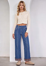 luvamia FleXclusive Wide Leg Jeans for Women Plaid Cuffed Hem Denim Pants High Waisted Button Zipper Closure, Relax Daily Fit, Contrast Hem Panel, Western Outfit, Vertical Seam Stitch, Full Length, Stretchy Denim