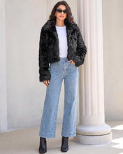 luvamia Faux Fur Jackets for Women Shaggy Crop Coats Fall Winter Outerwear Hook Closure, Long Sleeve, Lapel Collar, Date Night Outfit, Drop Shoulder, Clean Front Design, Long Pile Texture, Solid Color
