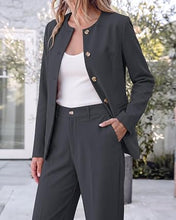 luvamia Pants Suits for Women Dressy 2 Piece Sets Business Casual Outfits Long Sleeve Collarless Blazers, Elastic Waist Wide Leg Pants, Adjustable Back Buckle‌, Professional Work Office Pantsuits