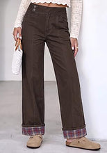 luvamia FleXclusive Wide Leg Jeans for Women Plaid Cuffed Hem Denim Pants High Waisted Button Zipper Closure, Relax Daily Fit, Contrast Hem Panel, Western Outfit, Vertical Seam Stitch, Full Length, Stretchy Denim