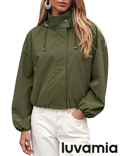 luvamia Women's Funnel Neck Jacket Casual Crop Zip Up Hooded Bomber Jackets Trendy, Oversized, Long Sleeve, Stand Collar, Elastic Cuff and Hem, Cropped, Funnel Neck Jacket Coats for Women, Fall Outfits