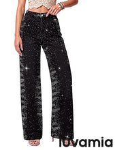 luvamia FleXclusive Wide Leg Rhinestone Jeans for Women High Waist Stretchy Denim Pants Sparkly Bling Jeans, Rhinestone Embellished, Baggy Straight Leg, 29.5" Inch Inseam, Trendy, Party, Night Out, Concert Outfits