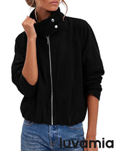luvamia Faux Suede Jackets Women Oversized Cropped Funnel Neck Zip Up Coats Soft Faux Suede, Stand Collar, Loose Fit, Front Zipper, Modern Bomber Silhouette & Adjustable Hem, Fall Essential Outerwear