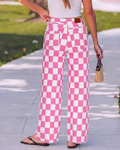 luvamia Checkered Pants Women High Rise Cinch-Waist Stretchy Wide Leg Jeans Adjustable Waist, Patterned Pants for Women, Baggy Jeans Y2K, Checkerboard Print, Alternative Clothes