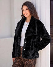 luvamia Faux Fur Jackets for Women Fall Coats Oversized Winter Outerwears Short Pile Surface, Side Pockets, Wide Lapel Collar, Dropped Shoulder, Fall Winter Layering, Snap Button Closure, Open Front