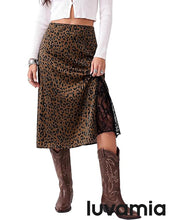 luvamia Satin Skirts for Women Leopard Slit Lace Trim A Line Midi Skirt Hidden Elastic Waistband, High Waisted Stretchy Slip Skirt, Flowy Animal Cheetah Print, Casual Side Split Bias Cut Skirts