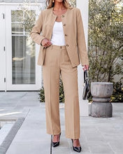 luvamia Pants Suits for Women Dressy 2 Piece Sets Business Casual Outfits Long Sleeve Collarless Blazers, Elastic Waist Wide Leg Pants, Adjustable Back Buckle‌, Professional Work Office Pantsuits