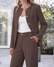luvamia Pants Suits for Women Dressy 2 Piece Sets Business Casual Outfits Long Sleeve Collarless Blazers, Elastic Waist Wide Leg Pants, Adjustable Back Buckle‌, Professional Work Office Pantsuits