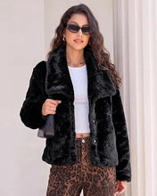 luvamia Faux Fur Jackets for Women Fall Coats Oversized Winter Outerwears Short Pile Surface, Side Pockets, Wide Lapel Collar, Dropped Shoulder, Fall Winter Layering, Snap Button Closure, Open Front