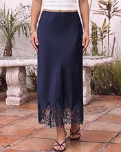 luvamia Satin Maxi Skirt Elastic Waist Lace Trim Long Slip Skirts for Women Long Satin Skirt, Silky Fabric, Bias Cut, Easy Pull On Elastic Waistband, Straight Silhouette, Lace Hem Slip Skirt