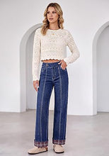 luvamia FleXclusive Wide Leg Jeans for Women Plaid Cuffed Hem Denim Pants High Waisted Button Zipper Closure, Relax Daily Fit, Contrast Hem Panel, Western Outfit, Vertical Seam Stitch, Full Length, Stretchy Denim