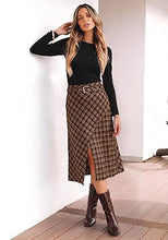 luvamia Plaid Midi Skirts for Women High Waist A-Line Fall Skirt with Belt Front Slit Opening, Asymmetrical Front Hem, Overlapping Front Panel, Diagonal Plaid Pattern, Back Elastic Waist, Fall Outfits
