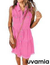 luvamia Women's Casual Summer Lapel Sleeveless Button Down Short Denim Jean Dress