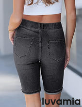luvamia FleXclusive Bermuda Shorts for Women Jean Pull On Elastic Waist High Waisted Knee Length Fold Hem Stretchy Denim Long Shorts