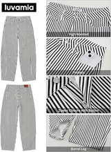 luvamia Barrel Jeans for Women Trendy Baggy Wide Leg Striped High Waisted Cropped Casual Pinstripe Stretchy Denim Pants