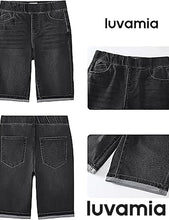 luvamia FleXclusive Bermuda Shorts for Women Jean Pull On Elastic Waist High Waisted Knee Length Fold Hem Stretchy Denim Long Shorts