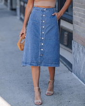 luvamia FleXclusive Jean Skirts for Women Trendy Midi Length A Line Western Casual Button Down Stretchy Denim Skirt with Pockets