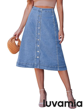 luvamia FleXclusive Jean Skirts for Women Trendy Midi Length A Line Western Casual Button Down Stretchy Denim Skirt with Pockets