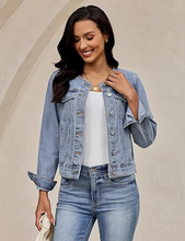 luvamia FleXclusive Women's Button Down Long Sleeves Crew Neck Denim Jacket
