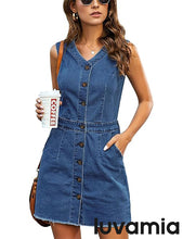 luvamia Women's Casual V Neck Sleeveless Jeans Button Down Denim Short Dress