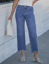 luvamia FleXclusive Straight Leg Jeans for Women Cropped Trendy Mid Rise Baggy Loose Distressed Casual Raw Hem Stretchy Denim Pants