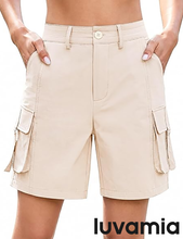 luvamia Cargo Shorts Women High Waisted Casual Elastic Waist 7" Inseam Mid Thigh Hiking Golf Shorts with Utility Pockets
