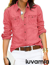 luvamia Women Chambray Jean Western Shirts Long Sleeve Button Down Denim Shirt Tops