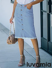 luvamia Women's Casual Mid Rise Button Down Frayed Raw Hem Fit Denim Jean Skirt