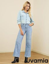 LUVAMIA  Women's High Rise Flare Jeans Washed Denim Trousers Studded Details Retro Style