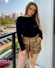 luvamia Faux Leather Shorts for Women High Waist Wide Leg Stretchy Waist Shorts with Pockets Belt Short PU Leather