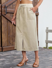 luvamia FleXclusive Jean Skirts for Women High Waisted Midi Denim Drawstring Elastic Waist Long Skirt with Pockets Front Slit