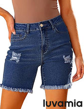 LUVAMIA Women's High Waisted Distressed Raw Hem Stretch Denim Shorts