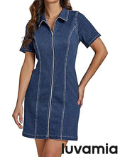 LUVAMIA Women's Short Sleeve Slim Tight Shirt-Neck Symmetrical Simple Versatile Denim Dress