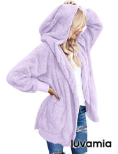 luvamia Women Fuzzy Fleece Open Front Pocket Hooded Cardigan Jacket Coat Outwear