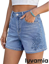 luvamia FleXclusive Jean Shorts for Women High Waisted Eyelet Embroidered Mid Thigh Wide Leg Stretchy Denim Shorts Summer Jorts