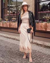luvamia Satin Maxi Skirt Elastic Waist Lace Trim Long Slip Skirts for Women Long Satin Skirt, Silky Fabric, Bias Cut, Easy Pull On Elastic Waistband, Straight Silhouette, Lace Hem Slip Skirt