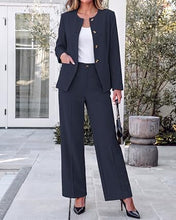 luvamia Pants Suits for Women Dressy 2 Piece Sets Business Casual Outfits Long Sleeve Collarless Blazers, Elastic Waist Wide Leg Pants, Adjustable Back Buckle‌, Professional Work Office Pantsuits