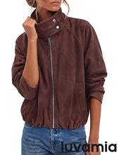 luvamia Faux Suede Jackets Women Oversized Cropped Funnel Neck Zip Up Coats Soft Faux Suede, Stand Collar, Loose Fit, Front Zipper, Modern Bomber Silhouette & Adjustable Hem, Fall Essential Outerwear