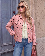 luvamia Jean Jacket Women Polka Dot Fall Stretch Denim Jacket With Pockets Classic Trucker Silhouette, Slightly Cropped Fit, Chest Flap Pockets, Button Front, Country Concert, Fall Outfits for Women