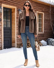 luvamia Faux Fur Jackets for Women Fall Coats Oversized Winter Outerwears Short Pile Surface, Side Pockets, Wide Lapel Collar, Dropped Shoulder, Fall Winter Layering, Snap Button Closure, Open Front
