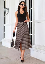 luvamia Plaid Midi Skirts for Women High Waist A-Line Fall Skirt with Belt Front Slit Opening, Asymmetrical Front Hem, Overlapping Front Panel, Diagonal Plaid Pattern, Back Elastic Waist, Fall Outfits