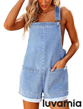 LUVAMIA Women's Denim Jumpsuit Overall Adjustable Sleeveless Stretch Short Romper Jean.