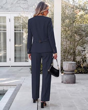 luvamia Pants Suits for Women Dressy 2 Piece Sets Business Casual Outfits Long Sleeve Collarless Blazers, Elastic Waist Wide Leg Pants, Adjustable Back Buckle‌, Professional Work Office Pantsuits