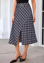 luvamia Plaid Midi Skirts for Women High Waist A-Line Fall Skirt with Belt Front Slit Opening, Asymmetrical Front Hem, Overlapping Front Panel, Diagonal Plaid Pattern, Back Elastic Waist, Fall Outfits