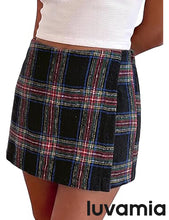 luvamia Plaid Skorts for Woman High Waist Mini Wrap Skort Skirt with Shorts Faux Wrap, Side Zipper, Elastic Waist Back, Trendy Plaid Pattern, Fall Skirts With Shorts Underneath, Asymmetrical Design