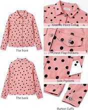 luvamia Jean Jacket Women Polka Dot Fall Stretch Denim Jacket With Pockets Classic Trucker Silhouette, Slightly Cropped Fit, Chest Flap Pockets, Button Front, Country Concert, Fall Outfits for Women