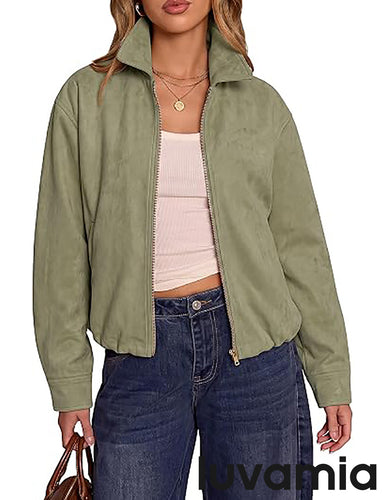 luvamia Faux Suede Jackets for Women Oversized Fall Coats Cropped Outerwear Zip Up, Long Sleeve, Slash Pockets, Modern Western Boho, Lapel Collar, Oversized Bomber Jacket, Drop Shoulder, Gathered Hem